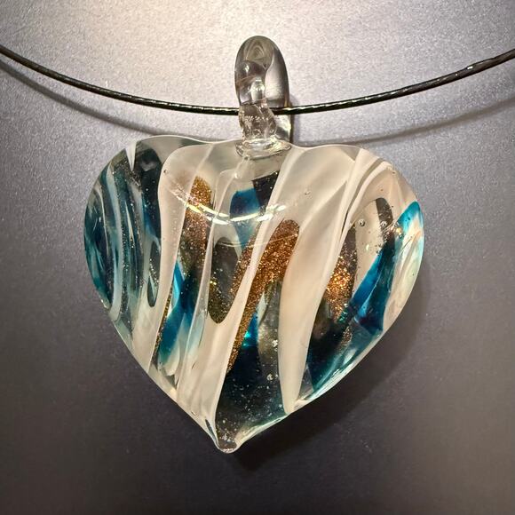 Unique Artisan Glass Heart-Shaped Blue White & Gold Pendant - Picture 6 of 8